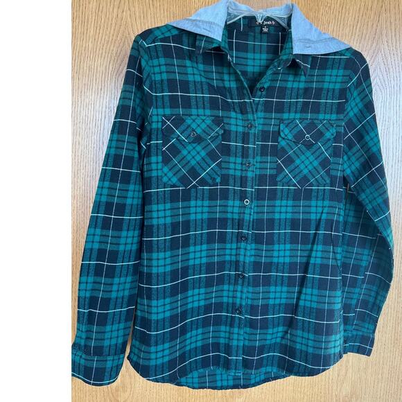 I Joah green/black plaid button down long sleeve hoodie shirt, Women's S - Picture 2 of 5